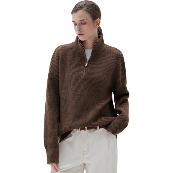 Sweaters - Women Brown Oversized Cashmere Collared Ribbed Long Sleeve Sweater